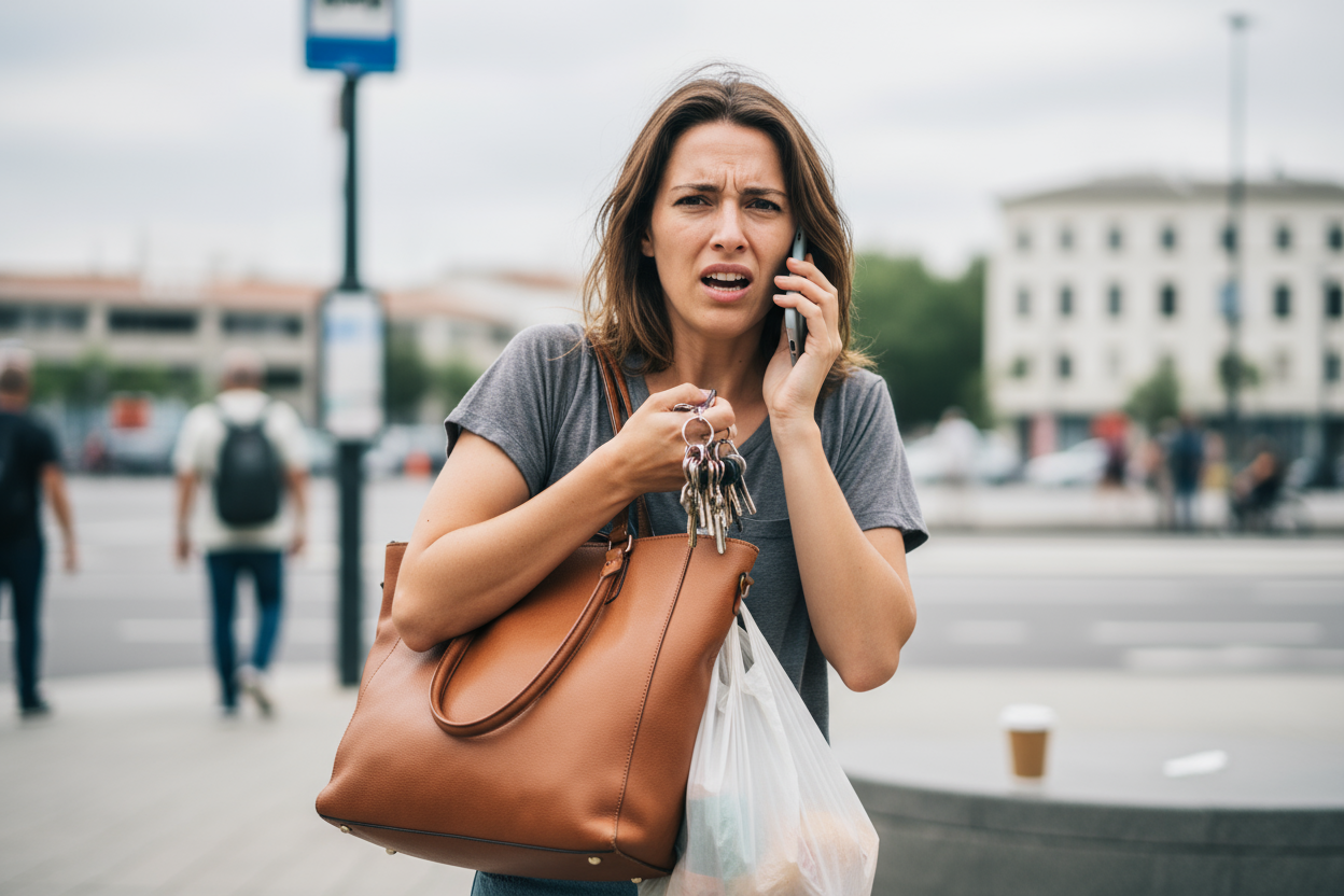 chica con las manos llenas de cosas como llaves, bolso, móvil. que parezca estresada